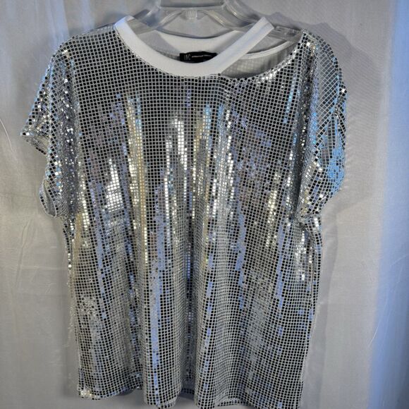 INC International Concepts Tops - INC International Concepts Sequin Mesh Top Silver Shimmer Party Blouse L